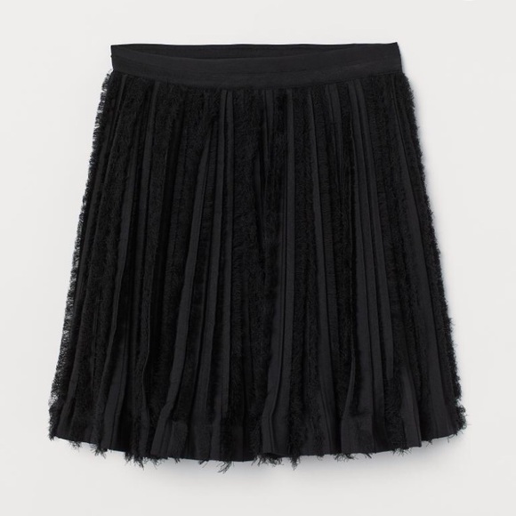 H&M BLACK PLEATED CHIFFON FRINGE RIBBON TRIM COQUETTE MINI SKIRT 14 NWT - Picture 2 of 9